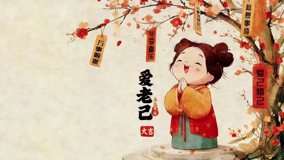 古风Q版女孩站在红梅树下双手合十
