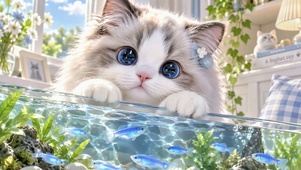 软萌布偶猫盯鱼缸小鱼