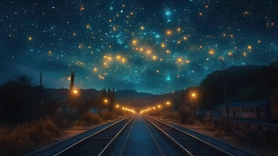 静谧夜空闪亮星星铁轨