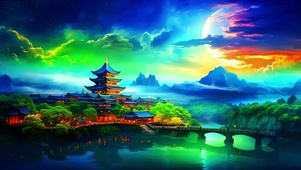 大气磅礴古风月下美景
