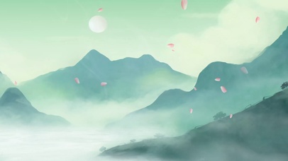 中国风水墨山水治愈满月唯美青色