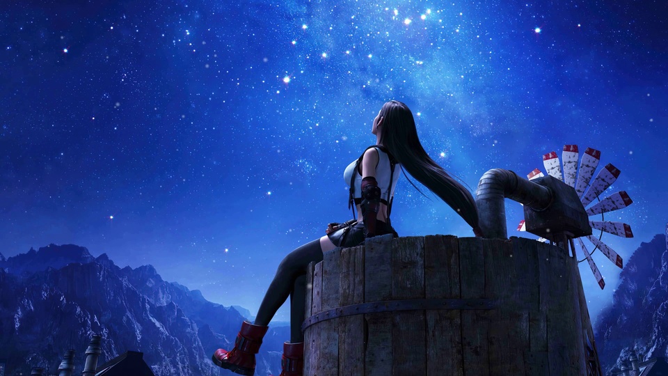 长发女子坐于老旧塔顶仰望蓝色银河星空，旁侧复古风车与远山相映。