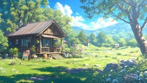 蓝天阳光清新森林小屋