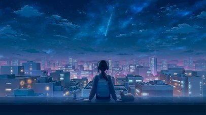 治愈插画夜晚城市天台女孩