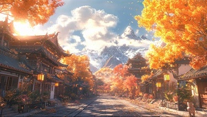秋日蓝天白云金色古镇
