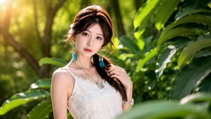 绿意林间清纯美女