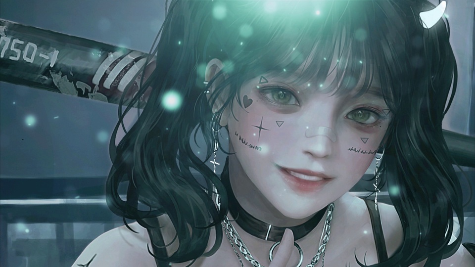 暗黑涂鸦妆容少女近景，周身飘着淡绿色发光光斑