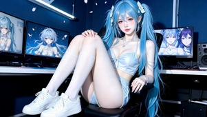 电竞房蓝发双马尾美女