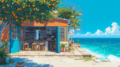 夏日橘树下的海边小店
