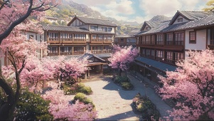 春日樱花古朴建筑
