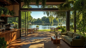 阳光湖岸柳下景