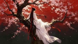 樱花树上长裙女孩