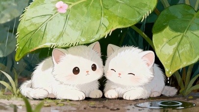雨天治愈两小只猫咪在树叶下躲雨