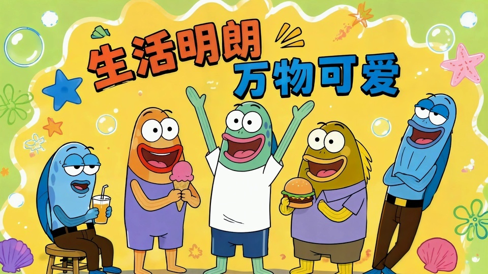五只拟人鱼形角色与海底元素的卡通画面