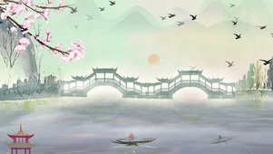 白云远山梅花亭台水乡中国风