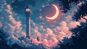 弯月夜空云层灯塔森林