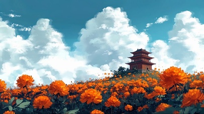浓郁秋日蓝天花海古塔