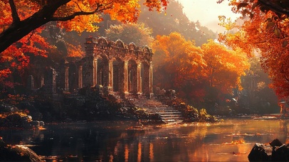 秋日午后湖畔古迹建筑