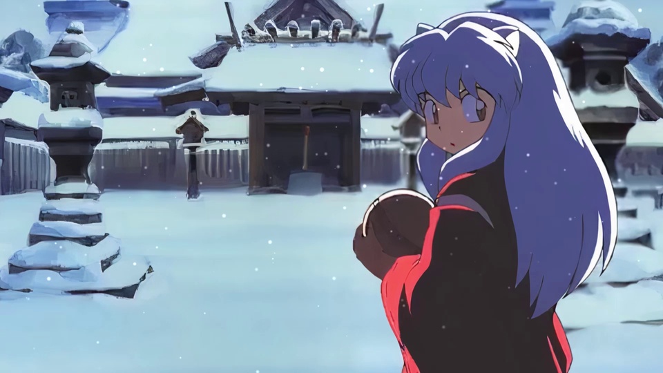 蓝发带白边的兽耳少女站在覆雪的日式古建庭院中，空中飘着雪花。