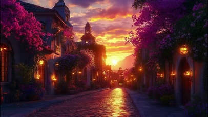 傍晚夕阳小镇建筑街景