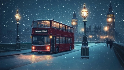 冬天雪夜红色双层巴士