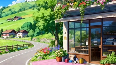 护眼蓝天白云树木花店双屏