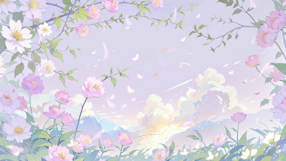 淡紫调天空下粉白花卉环绕，远景有淡蓝山峦与蓬松白云的插画