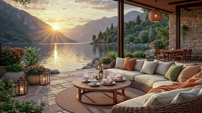 夕阳湖边山色景