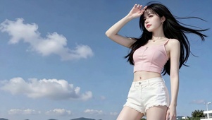 晴空下的甜美长发美女