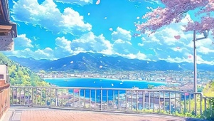 樱花树木海景带鱼屏