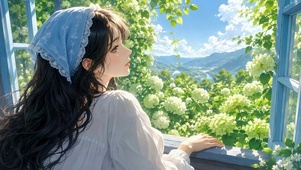 窗边少女眺望春日山野