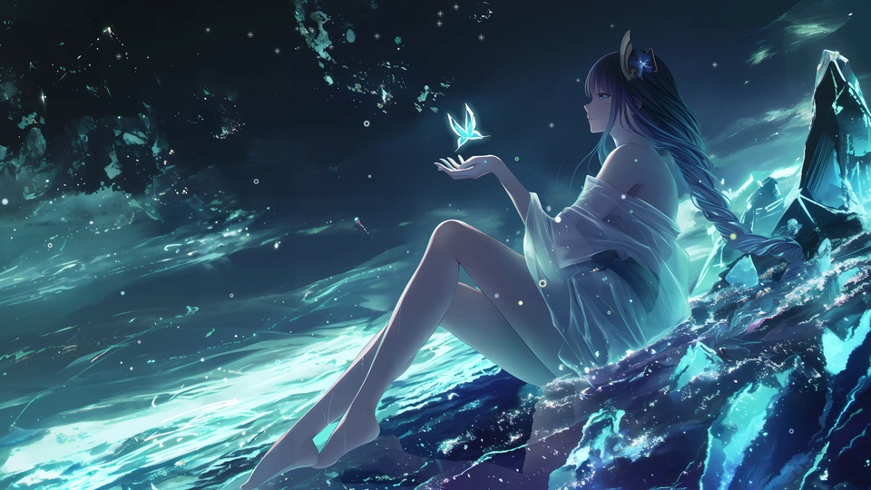 幽蓝暗空下的晶岩水畔，紫发编长辫的二次元少女坐于岩石上，掌心悬浮着一只发光蓝色蝴蝶。