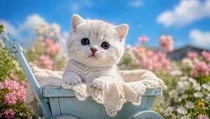 花田小推车里的可爱奶猫