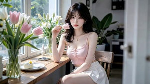 窗边持花清纯美少女