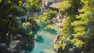 静谧森林溪流古朴建筑