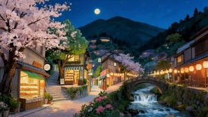 夜晚樱花河流古镇
