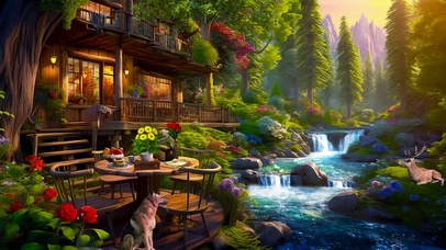 唯美插画山间小溪木屋