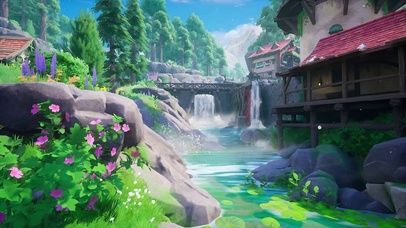 树林瀑布溪边村庄