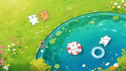 线条小狗池畔嬉戏