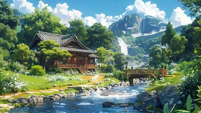 白云树木房屋河流景色