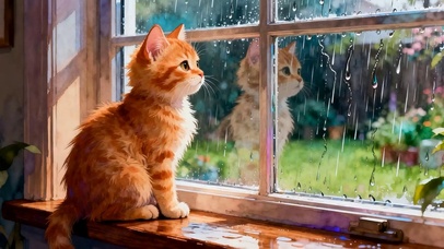 猫咪望着外面下雨