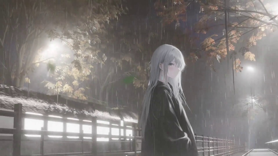 雨夜步道旁静立着银白长发少女，黑衣身形在暖光里格外柔和。