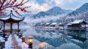 冬日红梅雪村