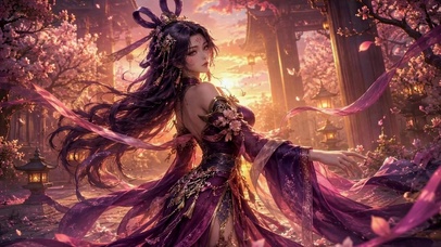 樱花暮色下的古风紫裙美人