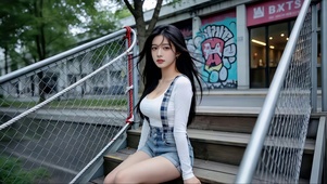 独坐在阶梯的牛仔短裤美女