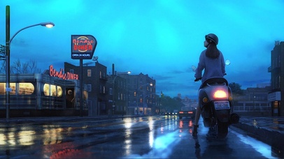 雨天街道骑电车的少女