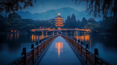 古塔公园湖泊夜景