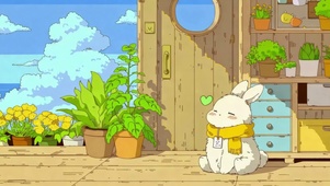 木屋前晒太阳的小白兔