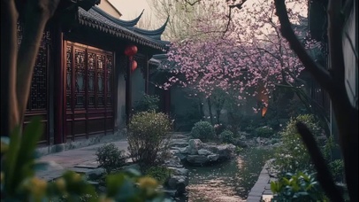 傍晚静谧庭院池塘风景