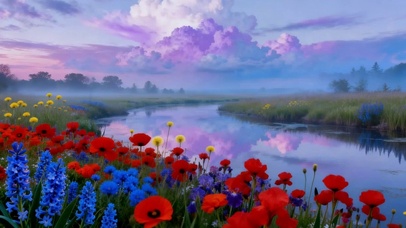 唯美草原河流鲜花